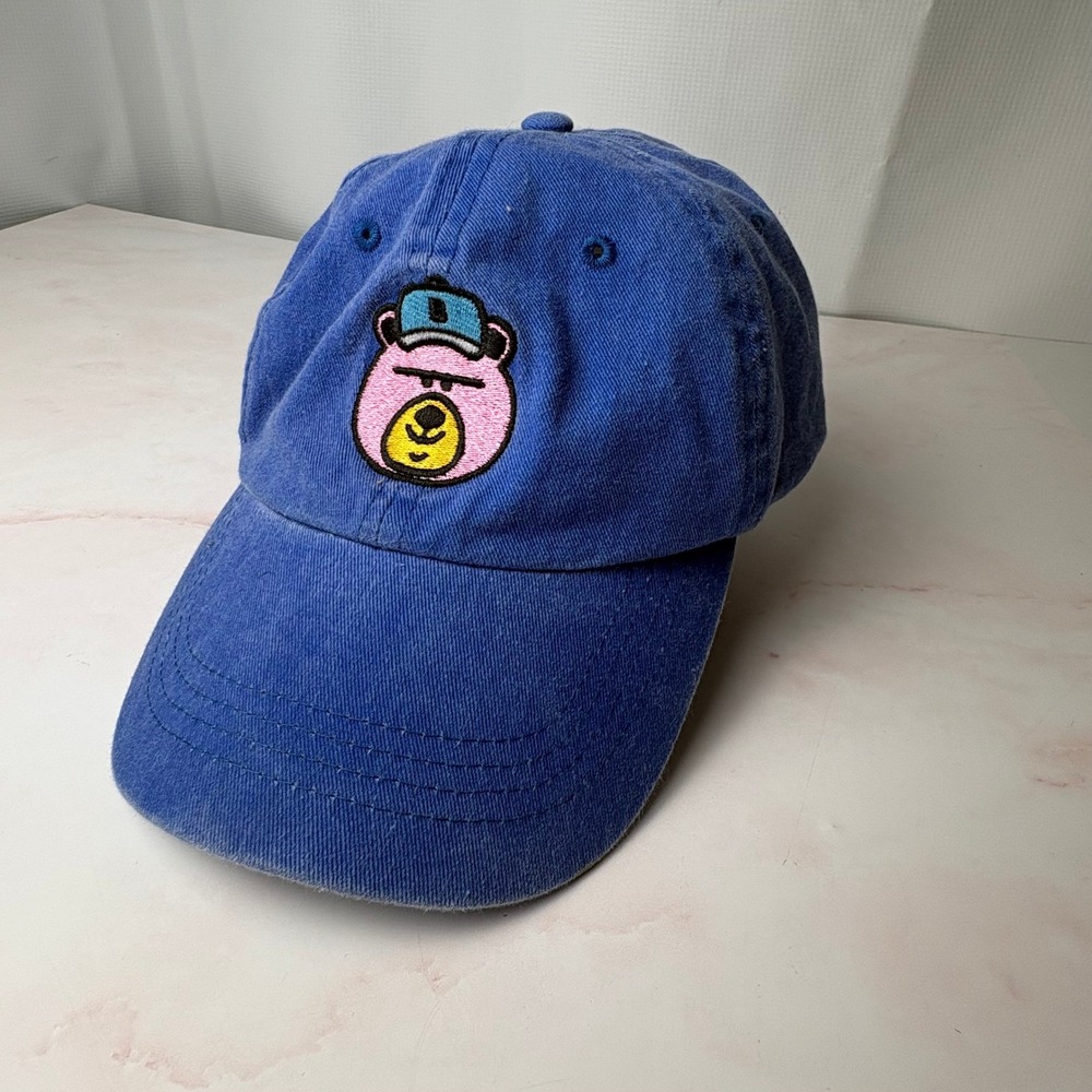 Bershka Blue Baseball Cap Embroidered Pink Bear Logo Adjustable Strap One Size